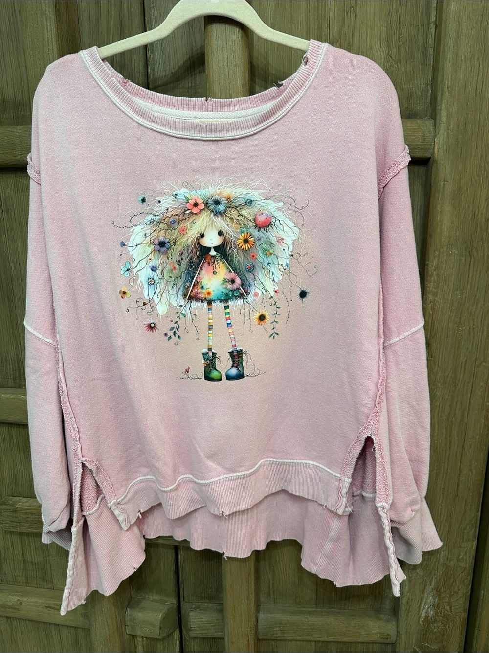 Free People Pink Graphic Pullover Sweatshirt with Doll Art
